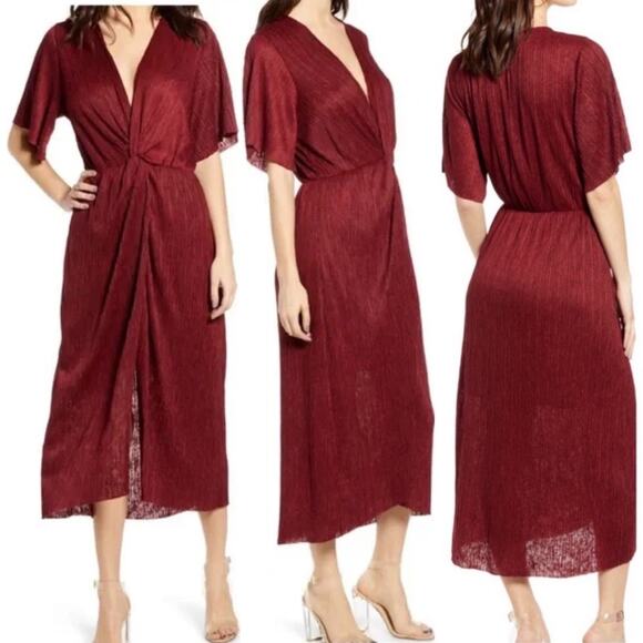 All in Favor Dolman Plisse Textured Short Sleeve Burgundy Midi Dress Medium - Picture 3 of 15